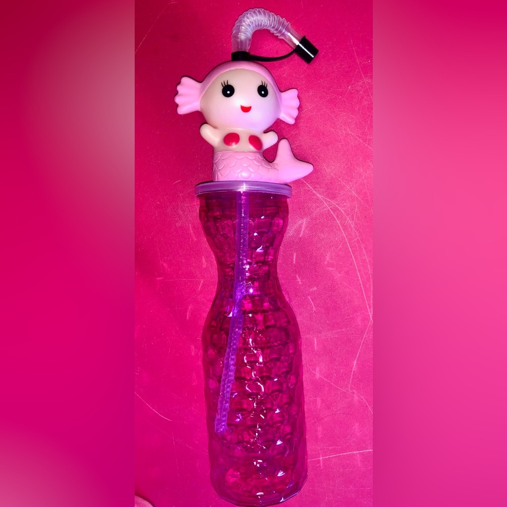 Pink Mermaid Doll Toy Water Bottle Straw Kids Girls School Home Travel Lightweig